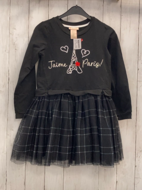 Jilian´s Closet  Kleid  Gr. 128  schwarzes Oberteil mit weißem Eifelturm Schrift mit Glitzer Herzen aus Pailetten 3 lagiger Rock mit schwarz hellgrau kariertem Tüll 