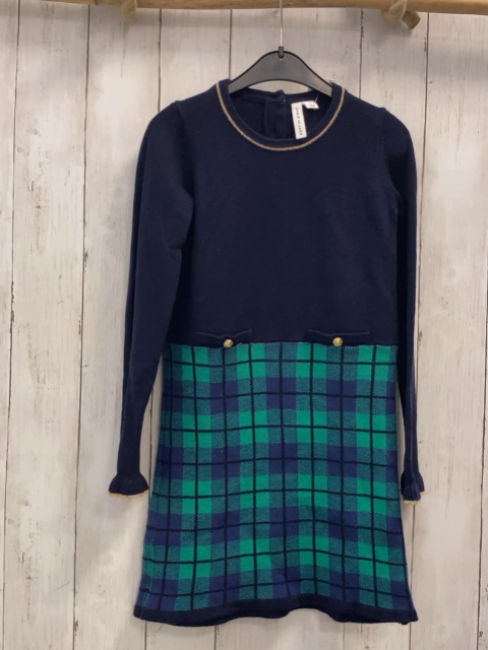 Janie & jack  Kleid  Gr. 122  blaues Strickoberteil mit goldenem Glitzerstreifenbund grün alu lila karierter Roc goldene Knöpfe 