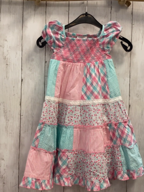   Kleid  Gr. 98  mint weiß rosa mit Blumen Karos Striefen pink Ziernähte 