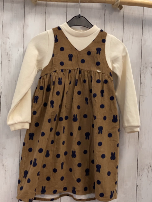 Petit Main  Kleid  Gr. 128  braun Kord schwarze Punkte + Hasenköpfe beige Halsausschnitt + Ärmel 