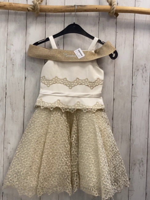 neu Monna Lisa  Kleid  Gr. 128  weiß Blumenstickerei mit goldenen Fäden sand Kragen mit golden glitzer Tüllüberrock + weißer Unterrock 