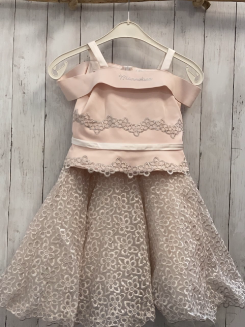 Monna Lisa  Kleid  Gr. 122  rosa Oberteil mit Schulterband silber Blumenstickerei Tüllüberrock mit silber Blume Unterrock 