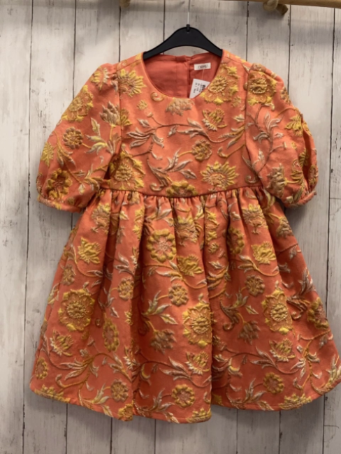 Next  Kleid  Gr. 128  orange + gelb hellbraune Blumen + silber hellbraune Äste Glitzer 