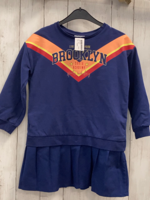 Waikiki  Kleid  Gr. 116  blau + orange weiß roter Zackenstreifen am Ausschnitt Schrift
