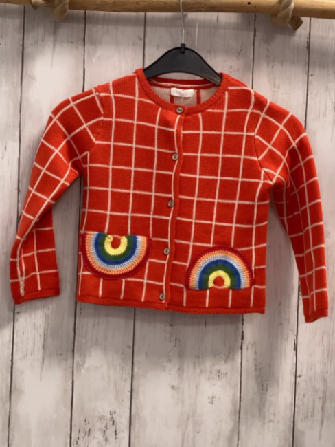 Next  Strickjacke  Gr. 98  rot weiß kariert bunte Häkelbögen 