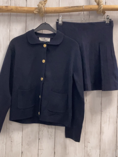 2tlg H&M  Strickjacke + Rock  Gr. 134/40  blau goldene Knöpfe Rock mit Längsfalten 