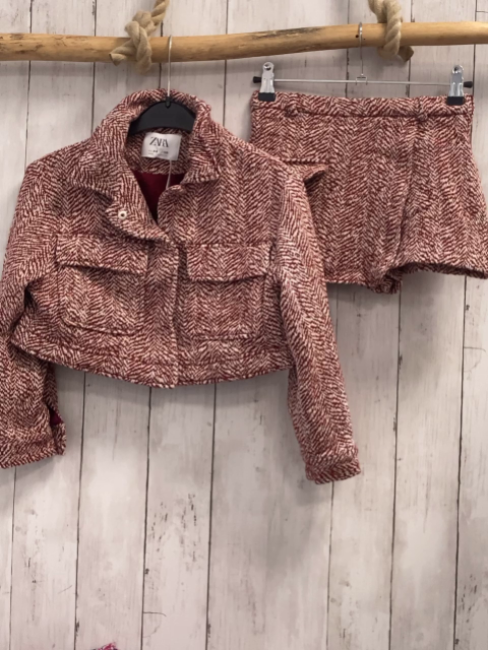 2tlg Zara  Blazer + Shortsrock Gr. 134  weinrot hellgrau meliert Strick + weinrotes Futter 