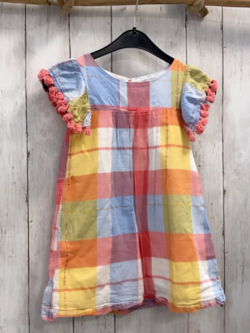 H&M  Kleid  Gr. 110  weiß hellblau hellgrün rot gelb kariert rosa Bommelsaum 