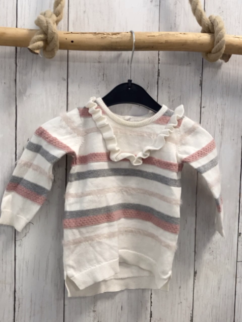 Miniclasix  Pullover  Gr. 74  weiß grau altrosa Streifen Strick Rüschen 