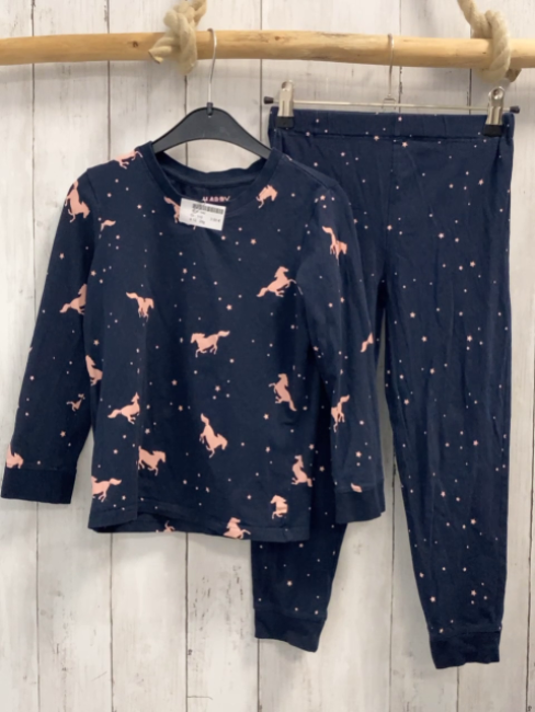 2tlg  Schlafanzug Gr. 110  blau rosa Pferde + Sterne