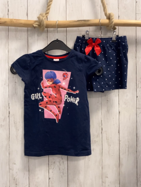 2tlg  T-Shirt + Shorts  Gr. 122/128  blau + weiße Punkte Lady Bug 