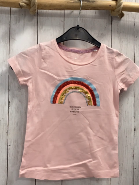 Tom Tailor  T-Shirt  Gr. 116  rosa bunter Glitzerbogen mit Pailetten Schrift 