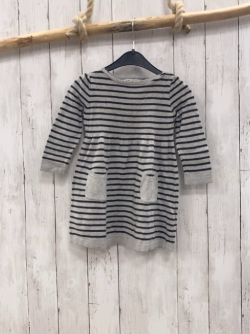 H&M  Kleid  Gr. 92  hellgrau schwarze Streifen Strick rosa Glitzersterne 