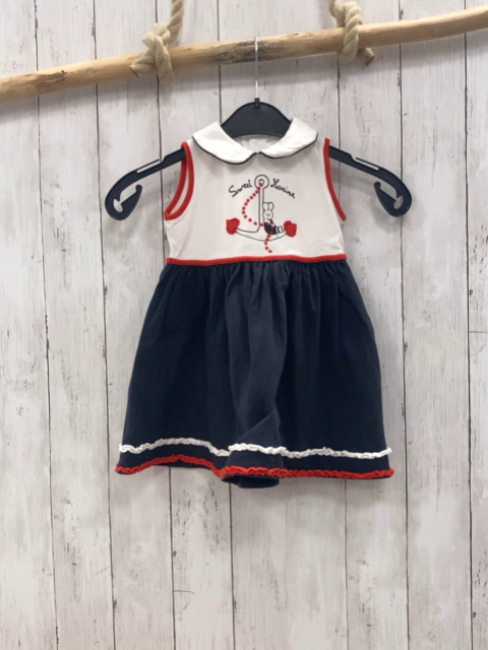 Mafrat  Kleid  Gr. 98  weiß blau roter Bund rot weiße Rüschen weißer Kragen Maus Anker 