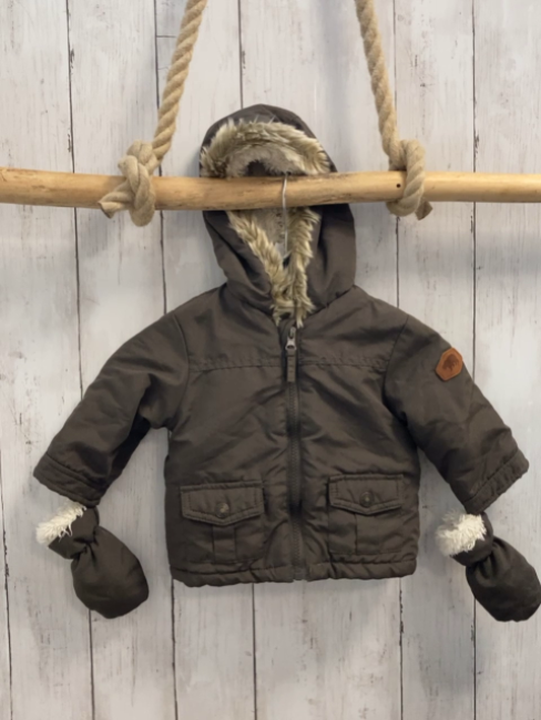 2tlg  Winterjacke + Handschuhe  Gr. 68  braun Kapuze mit Fellbund Plüschfuter 