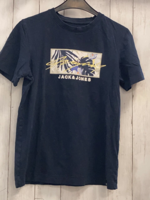Jack & Jones  T-Shirt  Gr. 158/164  blau Rechteck mit Blättern Blüten Schrift 