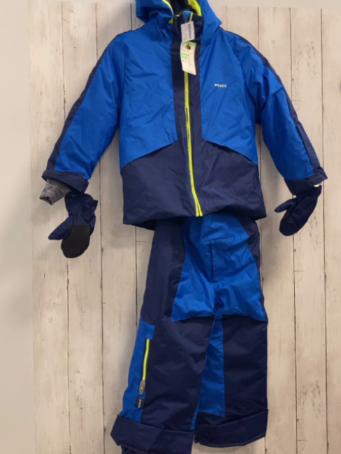 3 teiliger Schneeoverall z.T. neu Gr. 110  blau dunkelblau gelber Bund Jacke + Hose + Handschuhe