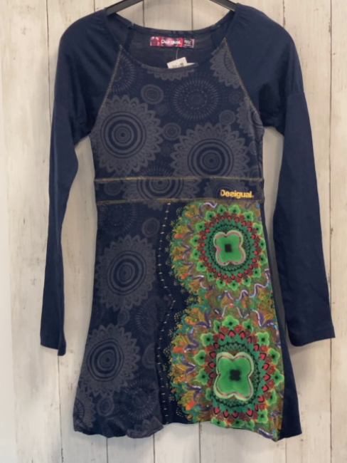Desigual  Kleid  Gr. 146/152  blau grau + bunte Bumen goldene Nähte 