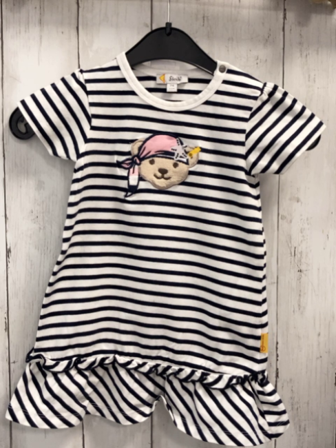 Steiff  Kleid  Gr. 74   weiß schwarze Streifen Plüschbärenkopf mit rosa Tuch 