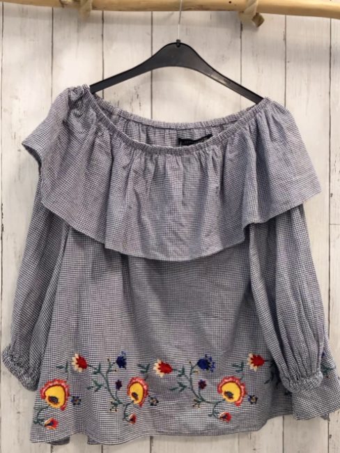 Zara  Bluse  Gr. 158/164   schwarz weiß kariert großer Kragen gestickte Blumen 