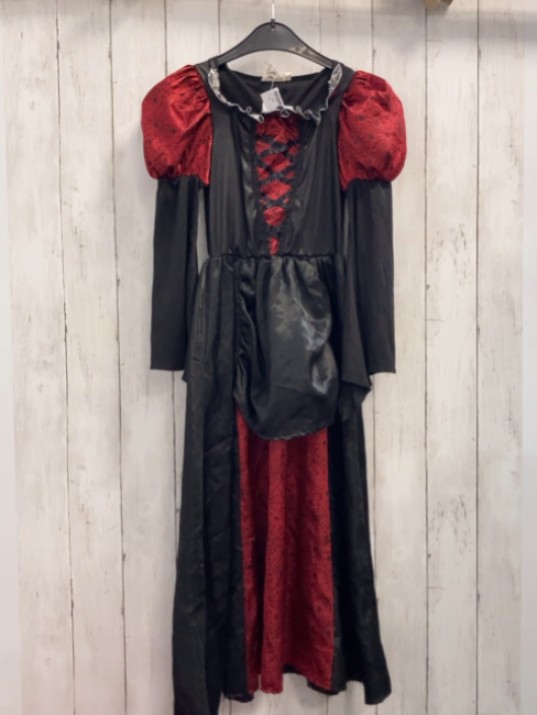   Karnevalkostüm  Gr. 128  schwarz rotes Hexenkleid mit schwarzen Spinnennetzen und Spinnen  + silber Glitzerbund 
