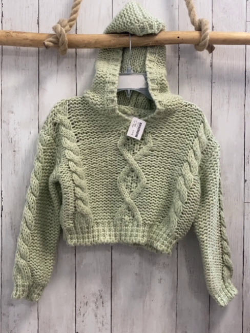 Zara  Pullover  Gr. 128  hellgrün Strick Zöpfe Kapuze kurz geschnitten
