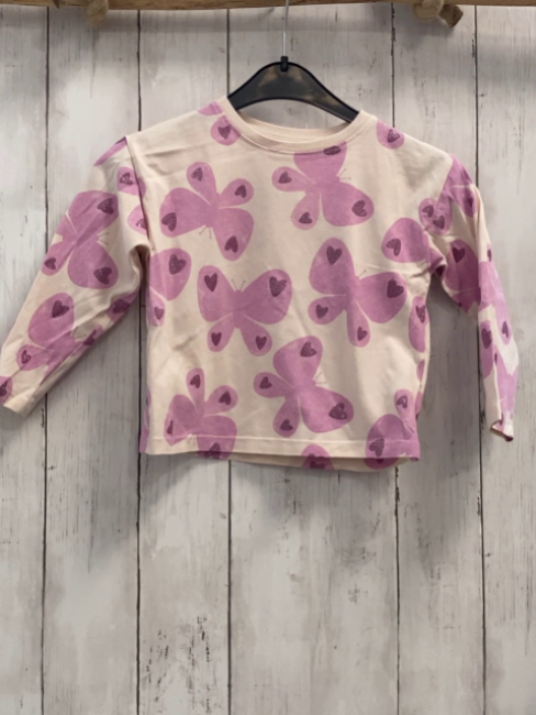 Zara  Langarmshirt  Gr. 98  beige lavendel Schmetterlinge mit Glitzerherzen 