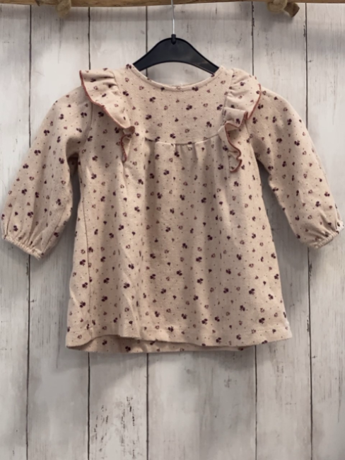Zara  Kleid  Gr. 92  beige weiße Zackenstreifen Blumen Rüschen 