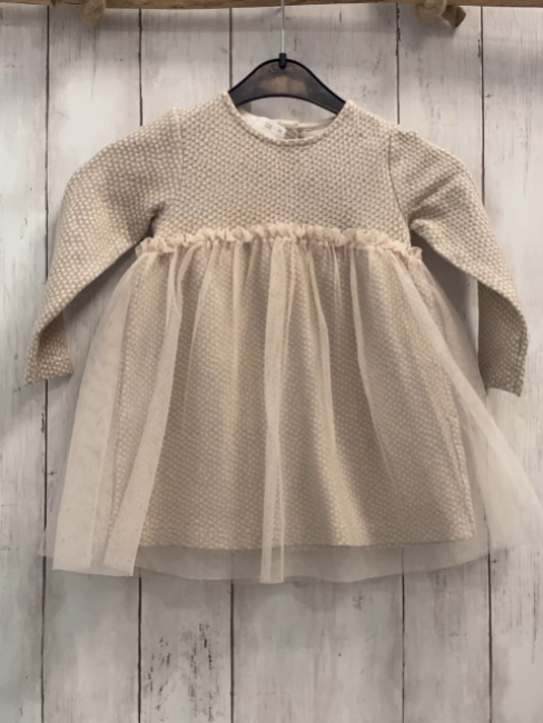 Zara  Kleid  Gr. 92  beige weiße Quadrate mit golden Glitzer Tüllüberrock