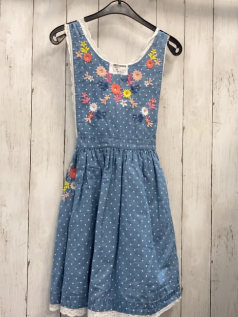 Mini Boden  Kleid  Gr. 140  blau Jeans gestickte Blumen weiße Punkte 