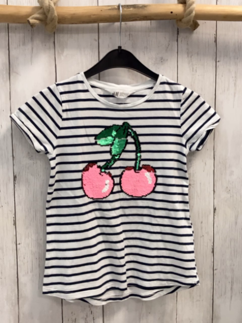 H&M  T-Shirt  Gr. 122/128  weiß blaue Streifen Pailettenkirschen 