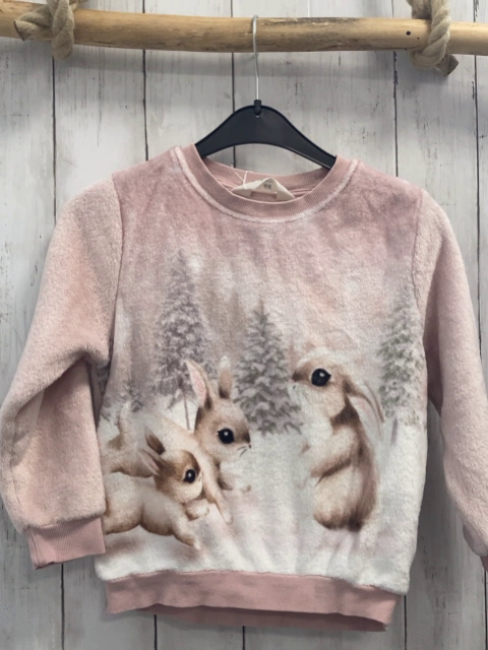 H&M  Pullover  Gr. 110  rosa Plüsch Tannenbäume Kaninchen 