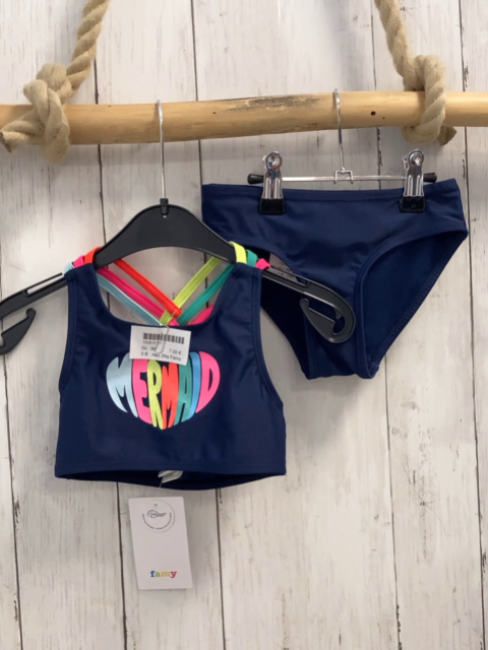 neu 2tlg Famy  Bikini  Gr. 98  blau bunte Schrift + Träger NP 12,99 
