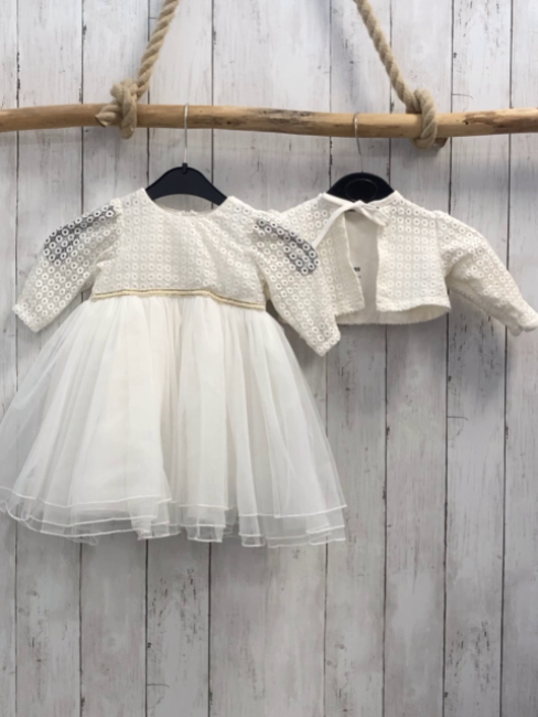 2tlg Gala Strickjacke + Kleid  Gr. 74  weiß Spitze goldenes Glitzerband Tüllrock