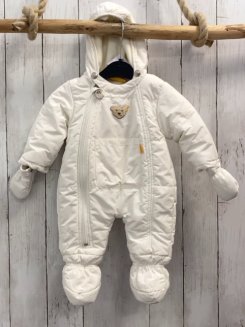 2tlg Steiff Schneeoverall + Handschuhe Gr. 56  weiß Bärenkopf (je ein Druckknopf an Handschuhen fehlerhaft)
