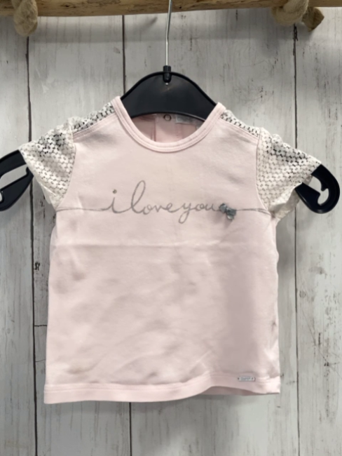 Gymp  T-Shirt  Gr. 68  rosa graue Schrift transparente Ärmel mit Blumensickerei