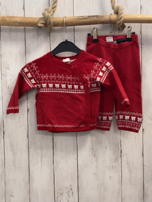2tlg H&M  Pullover + Leggings  Gr. 68  rot Strick + weißes Muster mit Punkten Bärenköpfe Strick 
