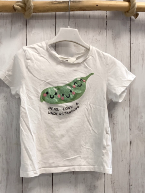 H&M T-Shirt  Gr. 104  weiß grüne Glitzersmileys schwarze Schrift 