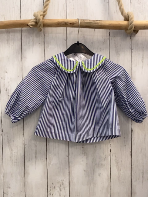 Jacadi Bluse  Gr. 98  blau weiße Streifen Kragen mit hellgrüner Wellenborte 