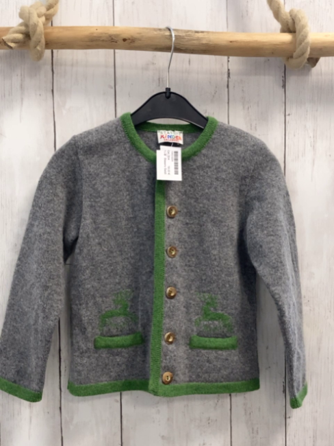 Stassny Salzburg Strickjacke Gr. 104  grau grüner Bund 100% Merinowolle