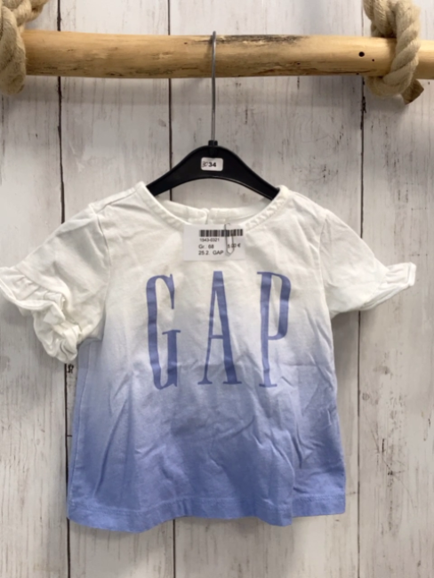 GAP  T-Shirt  Gr. 68  weiß hellblau Schrift Rüschenärmel 