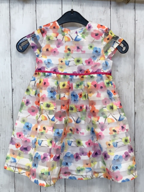   Kleid  Gr. 92  weißes Unterkleid weiß transparent gestreiftes Überkleid mit bunten Blumen 