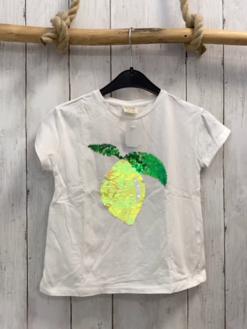 Zara  T-Shirt  Gr. 116  weiß Pailettenzitrone 