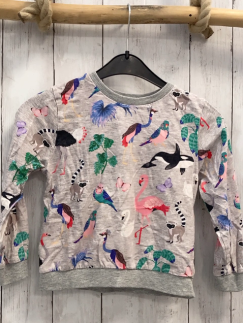 H&M Pullover  Gr. 110  hellgrau bunte Tiere + Blätter 