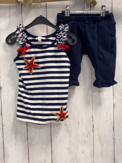 2tlg Top + Leggings Gr. 86  blau weiß gesreift Stern Fransen + blau