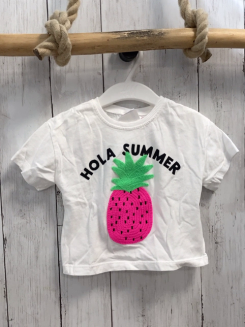 zara T-Shirt Gr. 80  weiß pink grüne Ananas schawarze Schrift kurz geschnitten