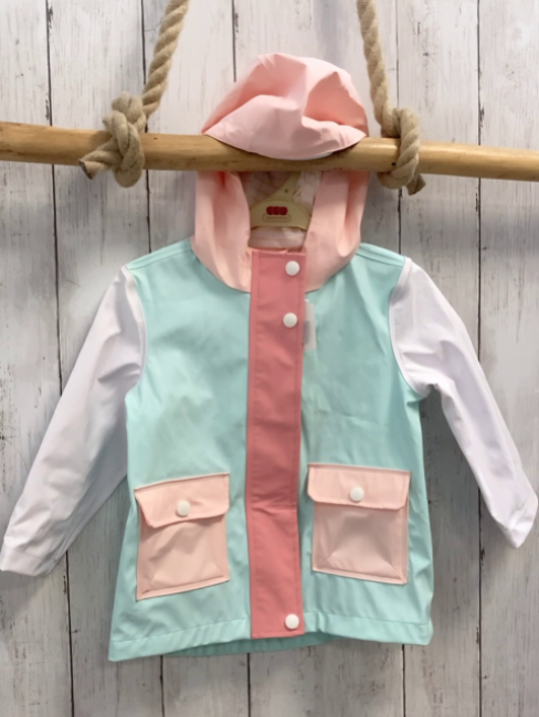  Regenjacke Gr. 86  hellblau rosa weiß gummiert