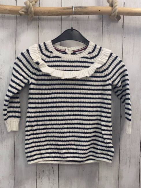 Tommy Hilfiger  Pullover  Gr. 104  weiß blaue Streifen Strick weiße Rüschen 