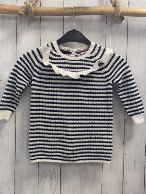 Tommy Hilfiger  Pullover  Gr. 104  weiß blaue Streifen Strick weiße Rüschen 