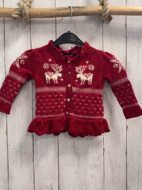 Ralph Lauren  Strickjacke  Gr. 80  rot weißes Muster mit Hirschen Rüschensaum mit Lochmuster 